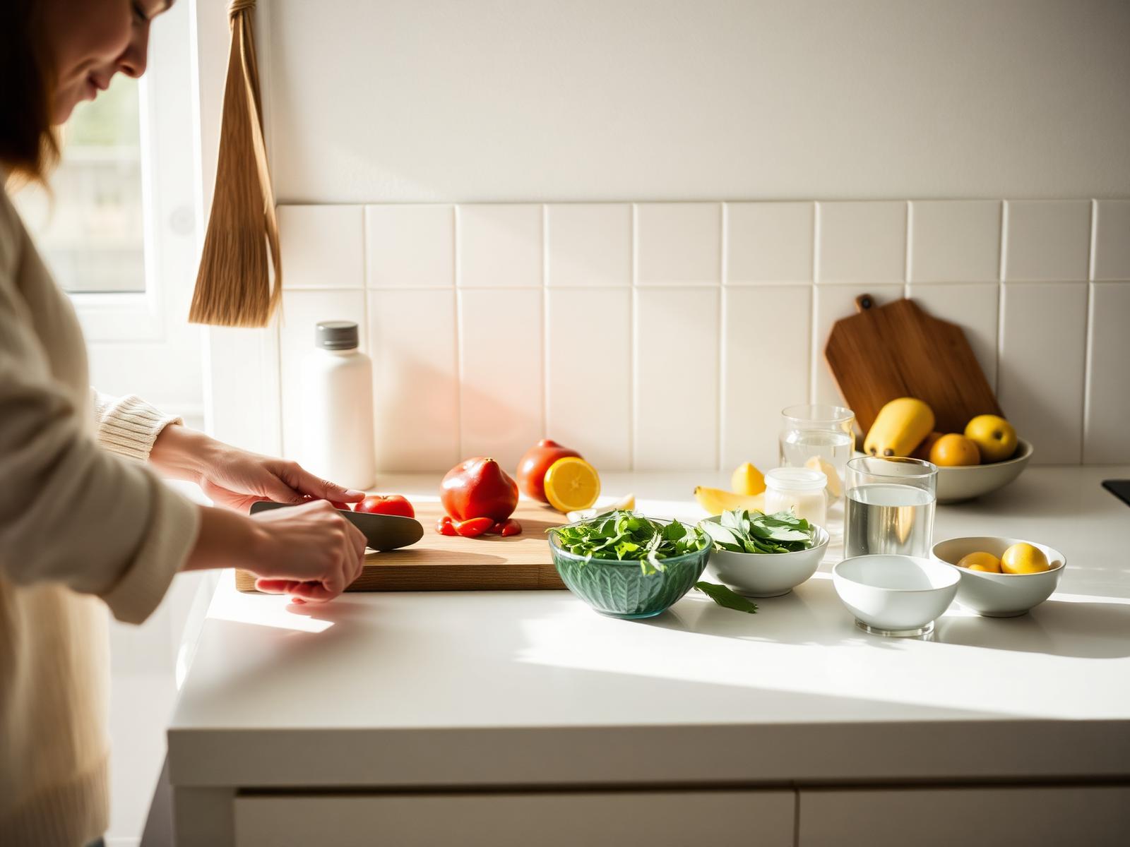 Fresh vegetables being prepared on a kitchen counter in soft daylight