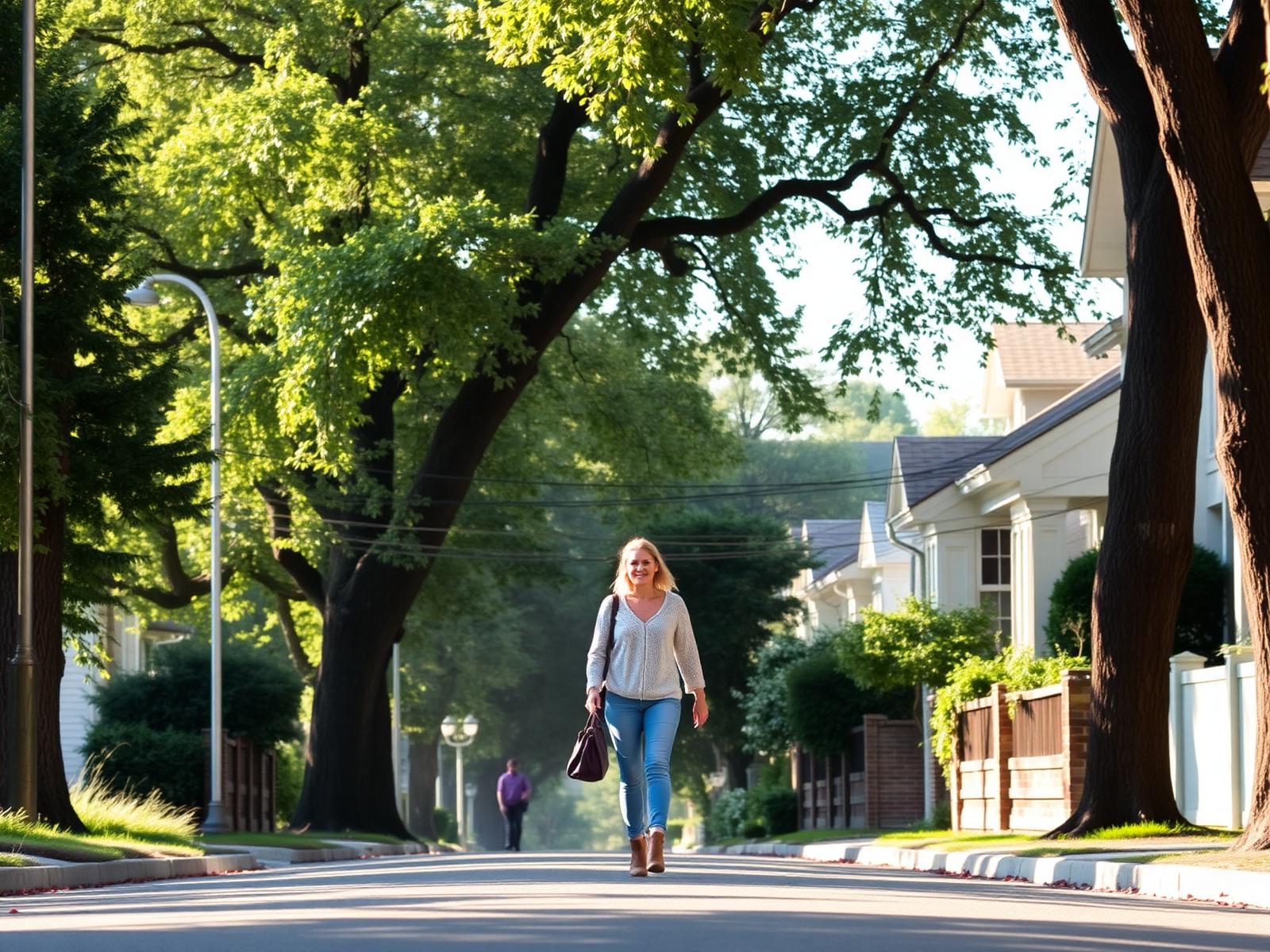 A person walking along a quiet tree-lined neighbourhood street in morning light