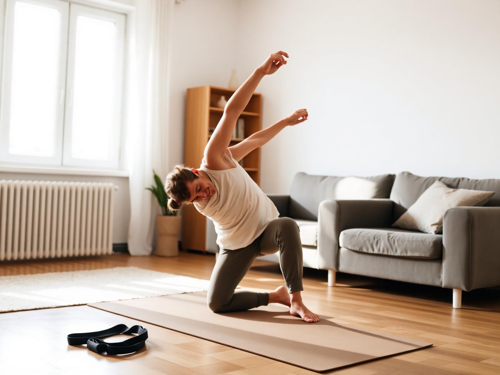 A person doing a gentle stretch on a mat in a bright, ordinary living room